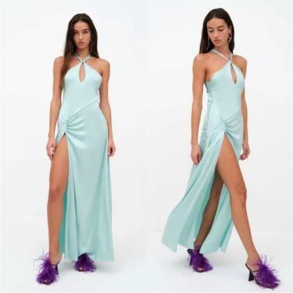 For Love & Lemons Andrina Maxi Dress Blue Turquoise Long Silky Satin XL Halter - Picture 1 of 7